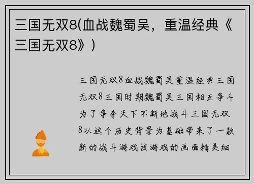 三国无双8(血战魏蜀吴，重温经典《三国无双8》)